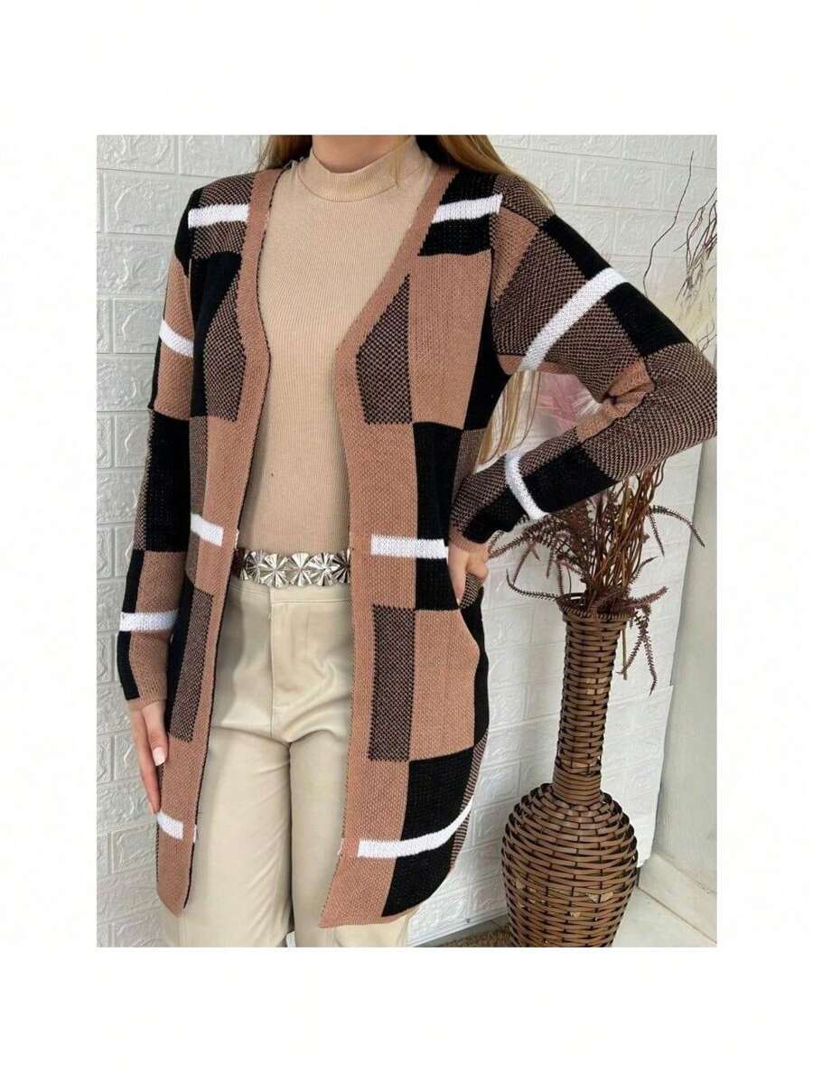Women's Plaid Coat - Knitted Overcoat - Knitted Cardigan - Fashion 2024 - 米色 - 查看 1