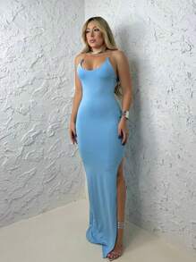 Long Dress With Straps And Side Slit, Women's Fashion - 淺藍色 - 查看 1