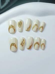 10 szt. ręcznie robionych luksusowych białych, krótkich, trapezowych, błyszczących, złotych, wytłaczanych sztucznych paznokci, zestaw do zdobienia paznokci zawiera pilnik i obcinacz do paznokci, odpowiednie do użytku na święta i na co dzień, do naklejania na paznokcie, artykuły do paznokci, paznokcie