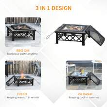 Outsunny Large Outdoor Fire Pit Table, 3 In 1 Square Wood Burning Firepit Metal Brazier, BBQ Grill, Ice Bucket W/ Grill Grate, Log Grate, Lid, Poker For Garden, Camping, Bonfire, 76 X 76 X 47cm, Black - Black - View 3