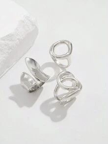 3 件夸张时尚不对称金属几何空心圆环戒指，简约复古朋克重珠宝，可堆叠饰品配饰套装，适合女士 - 戒指套裝 - 查看 7