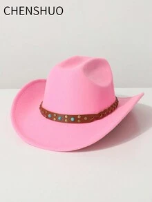 1 件女士纯色仿羊毛面料帽子，带仿绿松石铆钉装饰，编织皮革带，西部牛仔，爵士帽，巴拿马帽，温暖冬帽，适合音乐节、西部主题活动、复古派对、角色扮演、服装派对、生日庆典、舞台表演以及日常穿着 - 禮帽 - 查看 1