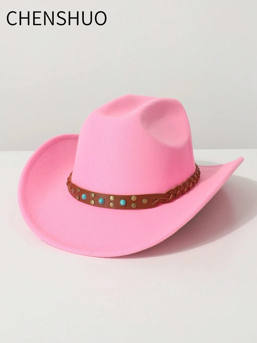 1 件女士纯色仿羊毛面料帽子，带仿绿松石铆钉装饰，编织皮革带，西部牛仔，爵士帽，巴拿马帽，温暖冬帽，适合音乐节、西部主题活动、复古派对、角色扮演、服装派对、生日庆典、舞台表演以及日常穿着 - 禮帽 - 查看 1