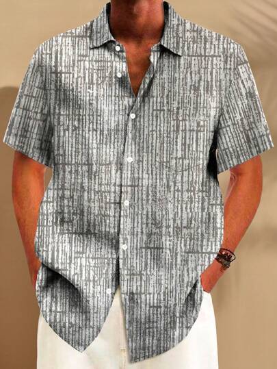 Plus Size Retro 50s Medieval Geometryczny Nadruk Guzik Kieszonka Krótki Rękaw Koszula Męska