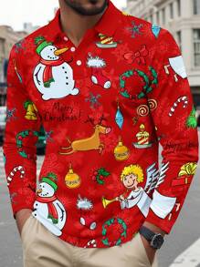 Men's Christmas Printing Front Button Closure Casual Polo Shirt With Long Sleeves - Red - View 1