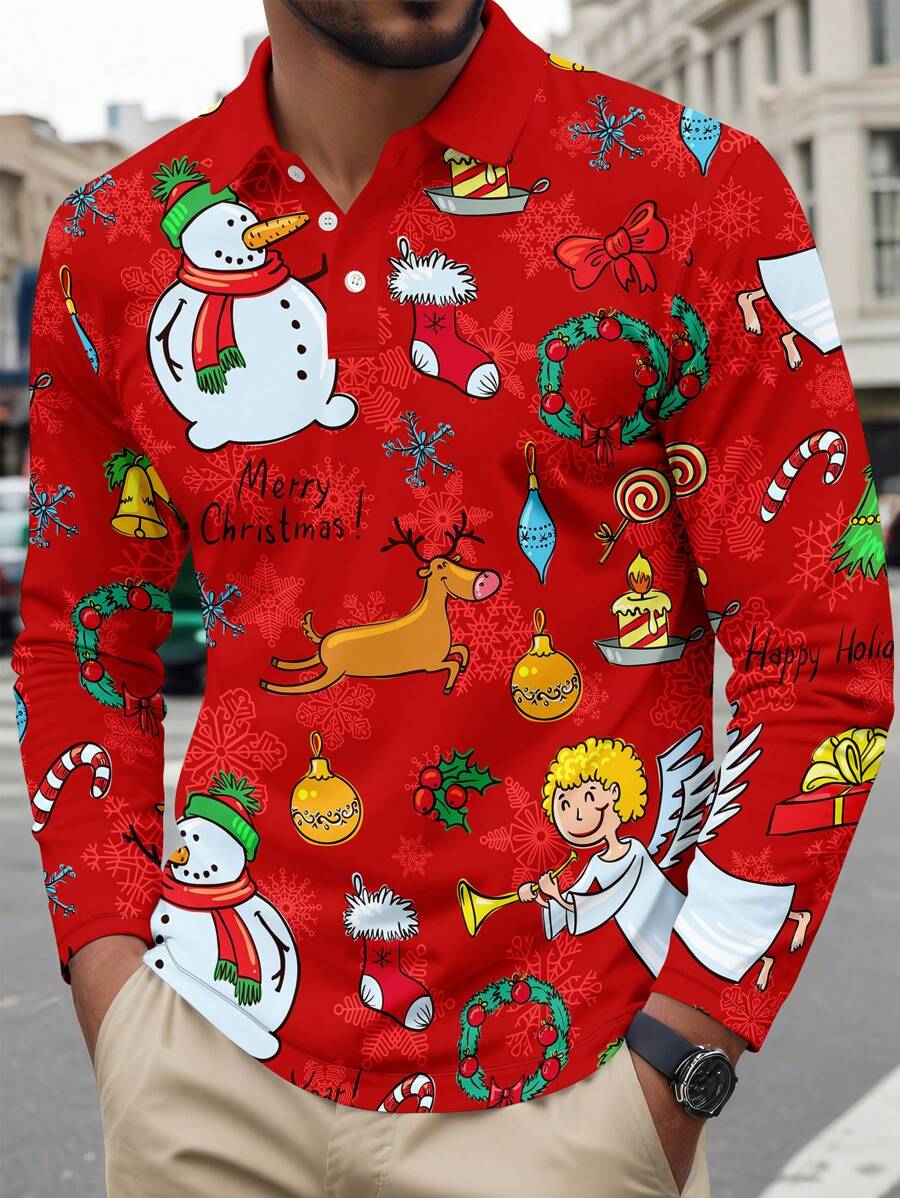 Men's Christmas Printing Front Button Closure Casual Polo Shirt With Long Sleeves - Red - View 1