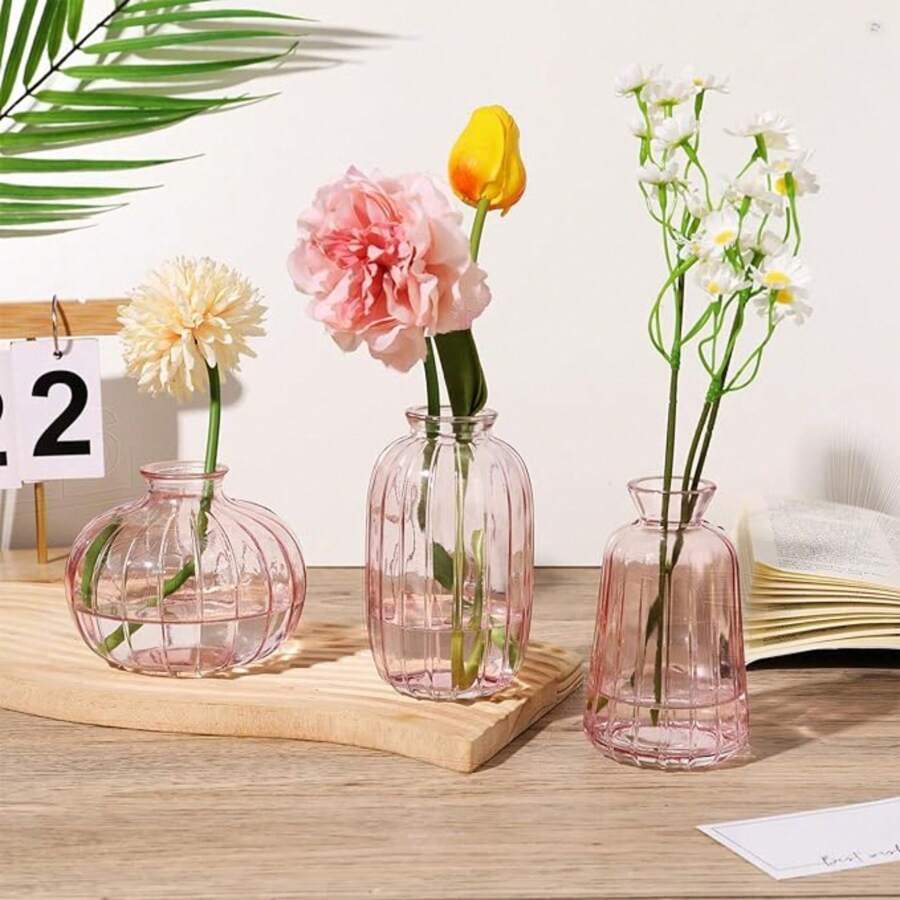 Transparente Mini Vase, 3 Stücke Set kleine Vasen, Tisch-Mittelpunkt Mini Glasvase, geeignet für Familienfeiern, Hochzeitsdekoration, Geburtstagsfeiern. Handgefertigte Vase, Vase (transparente Farbe) Heimdekoration Raumdekoration Blumenvase - Rosa - Übersicht 1