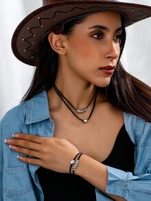 1 dây chuyền + 1 vòng tay, Bộ trang sức nữ, Phong cách cao bồi miền Tây cổ điển, Đính hạt hình trái tim hai lớp, Thích hợp để đeo hàng ngày & Làm quà tặng cho bộ vòng cổ & vòng tay nữ - bộ vòng tay vòng cổ - Xem 2