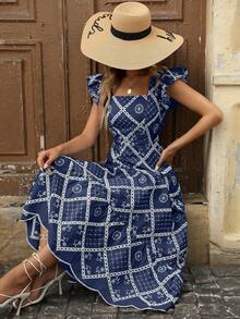 Women's Long Linen Denim Dress With Printed Ruffle Sleeves And Elastic Waistband - Rửa tối - Xem 2