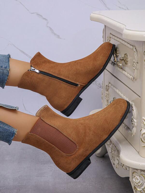 1 para damskich zimowych botków Chelsea z ciepłą flanelową podszewką, gumową podeszwą, podszewką z materiału, okrągłym noskiem - casualowe, jednokolorowe buty śnieżne