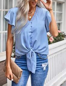 Women's Tie Front Chiffon Blouses Casual Short Sleeve V Neck Shirts Summer Top - 淺藍色 - 查看 2