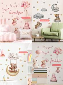 1 Pieza de 30 x 120 cm Pegatinas de pared personalizadas con texto, pegatinas de pared de dibujos animados con luna, nubes, osos, estrellas, globos para decoración de dormitorio, sala de estar, Pintura decorativa para el hogar, Pintura autoadhesiva removible para decoración de aula escolar, PVC