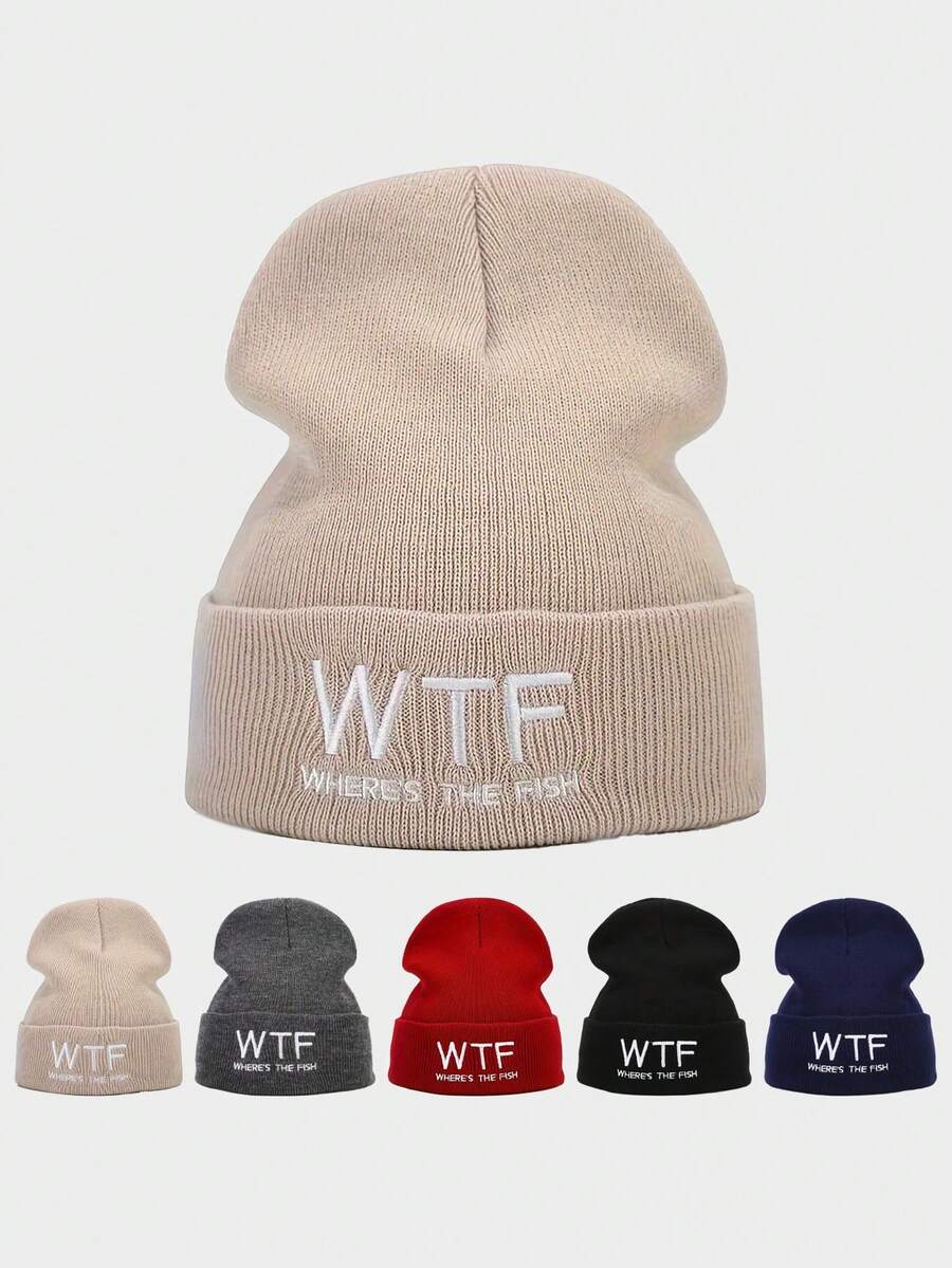 1 chiếc mũ len đan thêu "Where's The Fish" thời trang thu đông, mũ thường ngày chống nắng có thể điều chỉnh để đi du lịch bãi biển dành cho nam và nữ, phong cách Y2K - mũ dệt kim - Xem 1