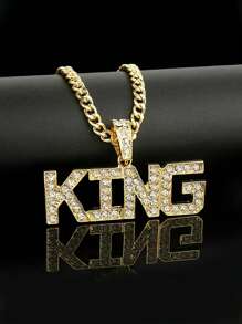 1 pieza Collar con colgante de corona de cristal estilo hip-hop punk con la palabra "REY" y cadena, joyería de moda para niños - A - Ver 1