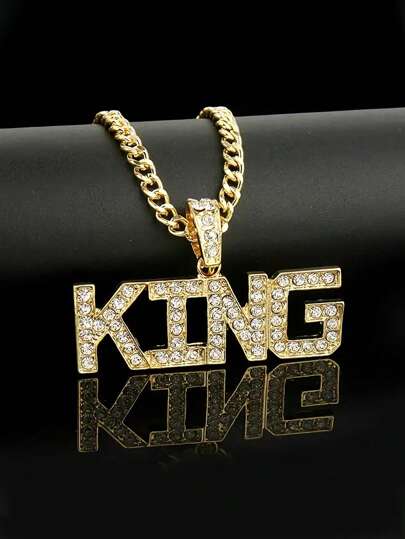 1pc Boys' Hip-Hop Punk Crystal Crown Pendant "KING" Link Chain Necklace, Fashion Jewelry