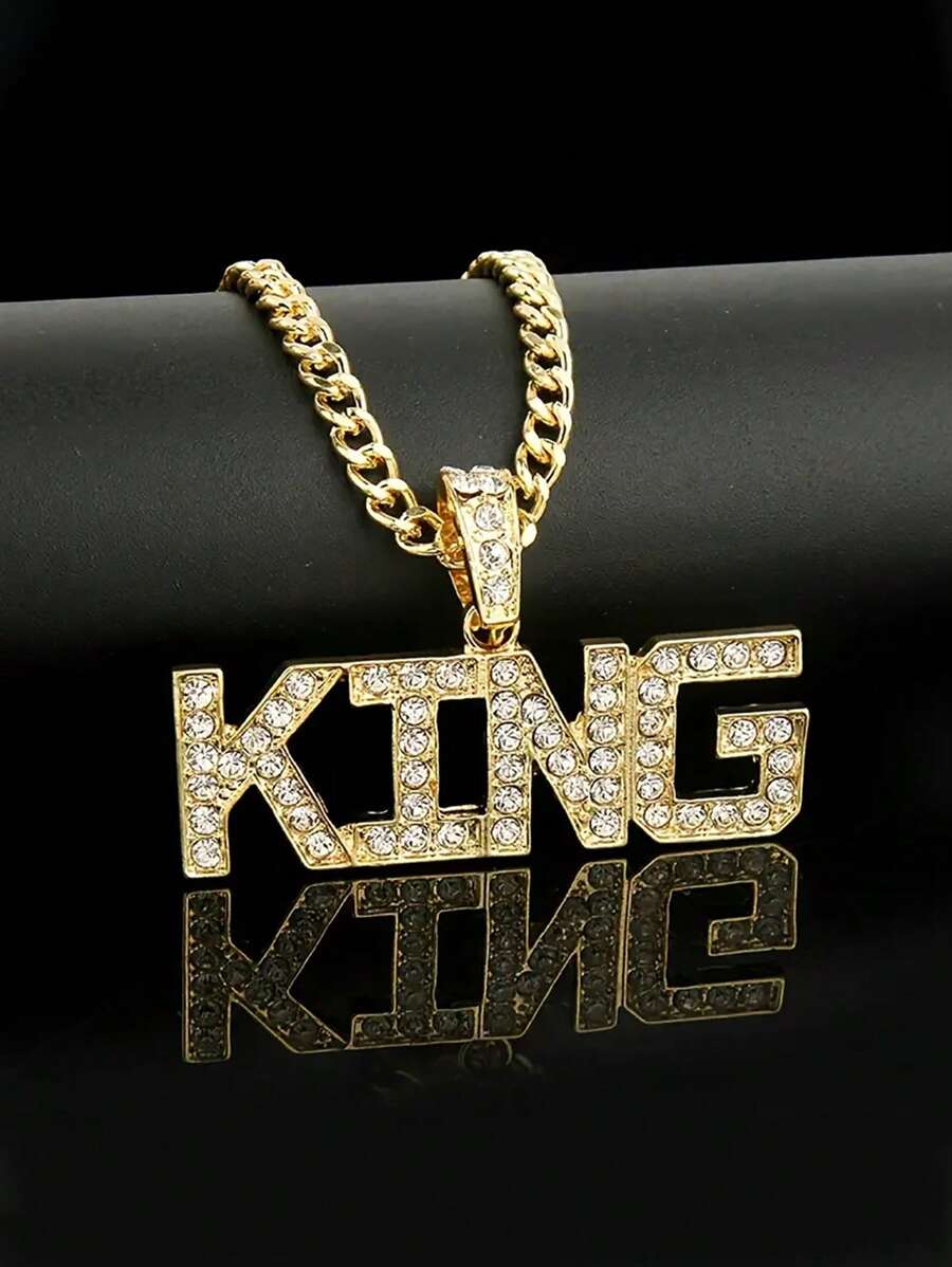 1 pieza Collar con colgante de corona de cristal estilo hip-hop punk con la palabra "REY" y cadena, joyería de moda para niños - A - Ver 1