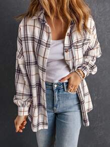 Astylish Women's Oversized Shacket Plaid Print Long Sleeve Button Down Shirt Jacket With Pockets Cozy Fall Spring Tops