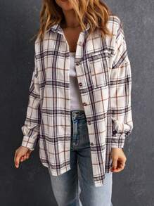 Astylish Women's Oversized Shacket Plaid Print Long Sleeve Button Down Shirt Jacket With Pockets Cozy Fall Spring Tops