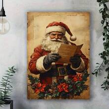 1 pieza Póster artístico vintage de lienzo con impresión | Enmarcado en lienzo - Santa Claus leyendo arte navideño, perfecto para la decoración rústica del hogar, decoración de invierno, decoración de habitación, decoración de pared, regalo de Navidad perfecto