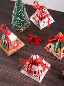 12/4pcs Christmas Cartoon Printed Triangle Gift Box Birthday And New Year Party Companion Gift Box With Ribbon Hang Tag