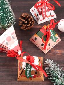 12/4pcs Christmas Cartoon Printed Triangle Gift Box Birthday And New Year Party Companion Gift Box With Ribbon Hang Tag