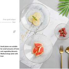 1pc Modern Minimalist Glass Plate For Home & Dining, Transparent Striped Gold Rimmed Dessert, Fruit & Salad Serving Platter