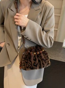 1 件时尚个性化秋冬新款毛绒柔软毛绒带链条装饰拉链水桶包女士手提包、单肩包、斜挎包，适合度假、休闲、购物、街头时尚 - 彩色 - 查看 5