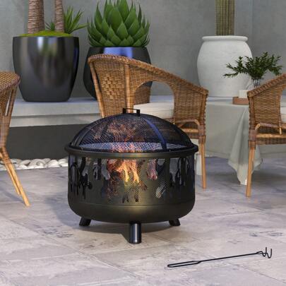  Outsunny Metal Firepit Bowl Outdoor 2-In-1 Round Fire Pit W/ Lid, Grill, Poker, Handles For Garden, Camping, BBQ, Bonfire, Wood Burning Stove