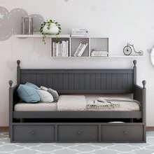 Wood Daybed With Three Drawers, Twin Size Daybed, No Box Spring Needed, Gray - Gray + Solid Wood as pic - View 2