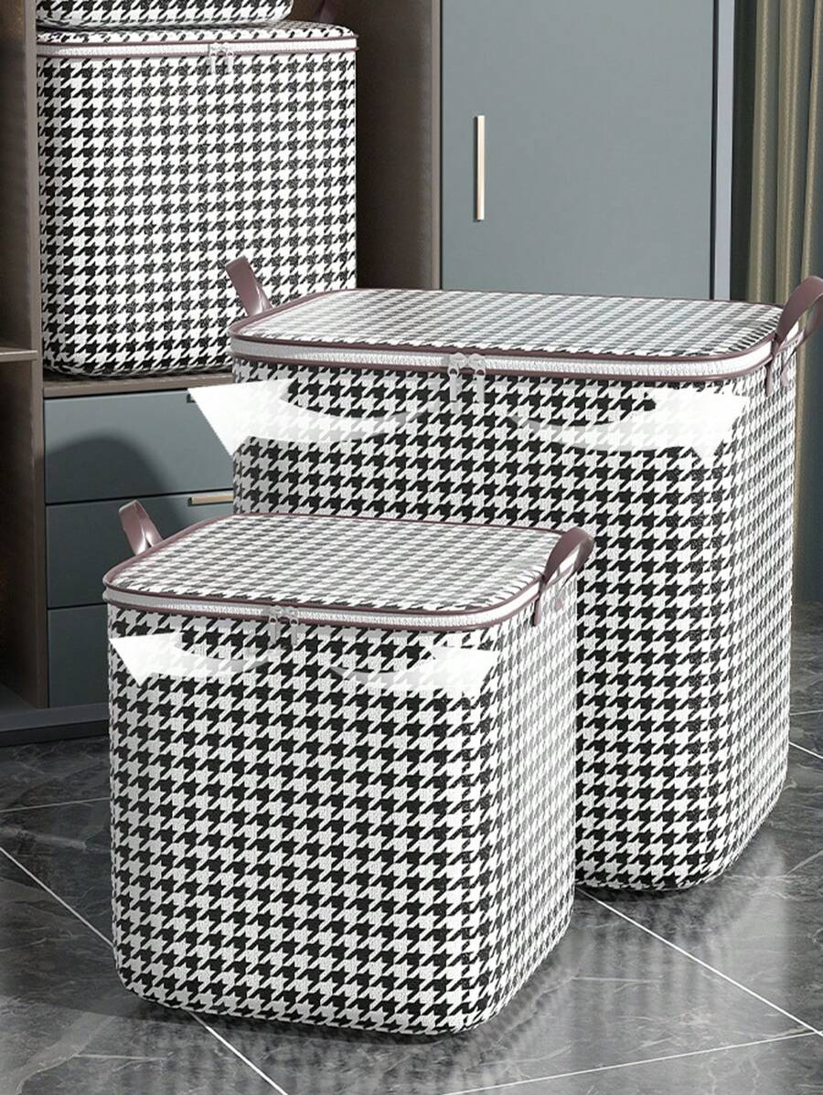 1pc Extra Large Capacity Cloths Quilt Handbag, Reusable Houndstooth Storage Basket, Wardrobe Organizer, Sturdy Moving Box