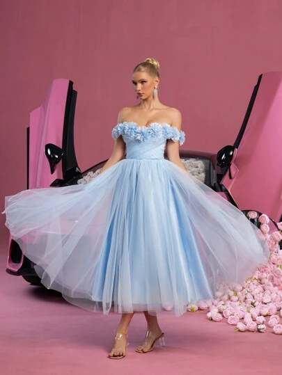  Faeriesty Prom Dresses Elegant Tulle Graduation Midi Dress With Off-Shoulder Neckline & 3D Floral Shoulder Embellishments | Multi-Layered Flowing Tulle Skirt & Back Tie Detail | Perfect For Graduation Ceremonies, Graduation Parties, Evening Banquets, Outdoor Summer Events​