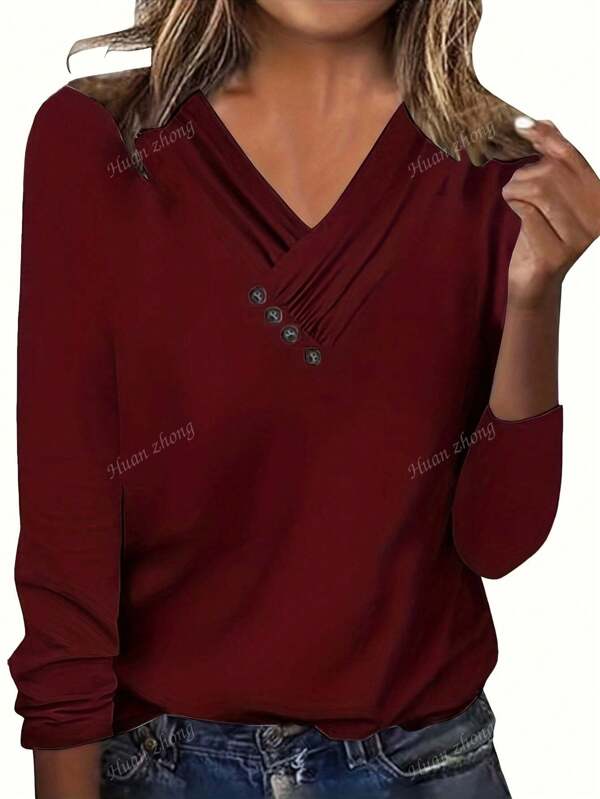 Women Plus Size V-Neck Button Long Sleeve Casual Top, Spring And Autumn