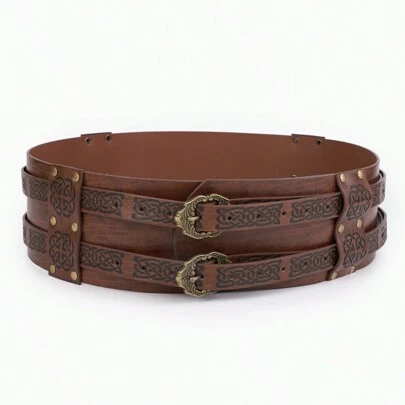 1pc Brown PU Medieval Viking Style Fashion Asymmetrical Buckle Embossed Wide Belt, Functional Waist Strap For Knight, Hunter, Costume Role Play, LARP Party, Versatile For Everyday Look & Outdoor Style