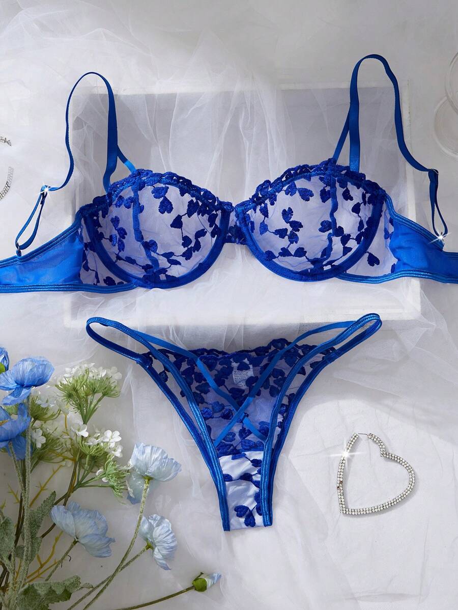心形刺绣透明内衣套装、文胸和内裤、性感女士内衣、Rave - 寶藍色 - 查看 1