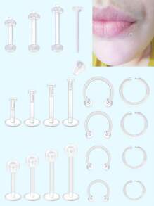 28-32pcs Minimalist Clear Nose Studs Set - Flexible Plastic Septum & Barbell Rings For Belly, Lip, Eyebrow - Perfect For Casual Attire