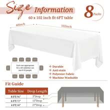 Showgeous 8 Pack  Tablecloth 60 X 102 Inch, Rectangle Table Cloth For 6 Foot Table, Wrinkle Resistant Washable Polyester Table Cover For Wedding Dining Table Buffet Parties And Camping - White - View 2