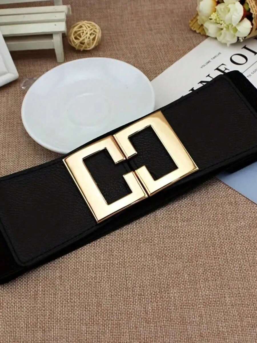 1 件女士松紧腰带，可外穿，流行宽腰带，瘦腹显身材必备，百搭金色双扣装饰，高腰束腰带，夏季连衣裙的完美搭配