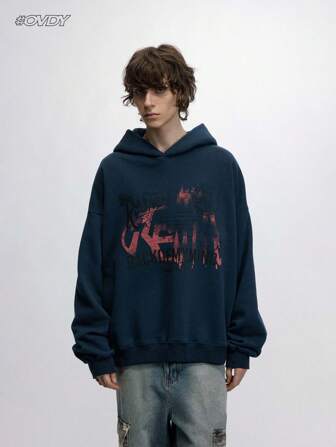 OVDY 1 件丝网印刷图案连帽衫，适合休闲户外穿着