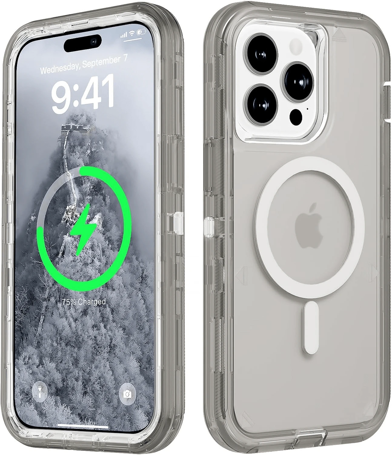 适用于 iPhone 16/15/14/13/12/11 系列透明手机壳，兼容 MagSafe，三层磁性充电盒，iPhone 16 Pro Max 重型防震防摔手机壳，适用于圣诞节、生日、新年礼物、冬季、送给家人、朋友、生日、女朋友、男朋友的礼物 - 黑色 - 查看 1