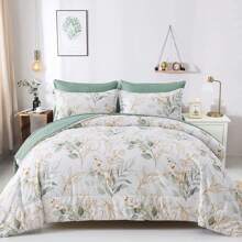 Botanical Comforter Set Queen King Size, 7 Pieces Green Reversible Bed In A Bag Floral Leaves Bedding Soft Microfiber Queen (1 Comforter,2 Pillowcase,2 Pillow Shams,1 Flat Sheet,1 Fitted Sheet)