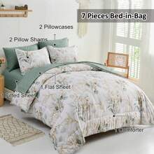 Botanical Comforter Set Queen King Size, 7 Pieces Green Reversible Bed In A Bag Floral Leaves Bedding Soft Microfiber Queen (1 Comforter,2 Pillowcase,2 Pillow Shams,1 Flat Sheet,1 Fitted Sheet)