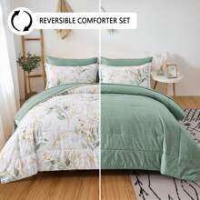 Botanical Comforter Set Queen King Size, 7 Pieces Green Reversible Bed In A Bag Floral Leaves Bedding Soft Microfiber Queen (1 Comforter,2 Pillowcase,2 Pillow Shams,1 Flat Sheet,1 Fitted Sheet)