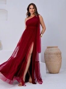 Long One Shoulder Tulle Party Dress Without Shine - 紅木色 - 查看 1