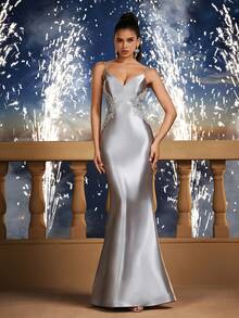 Minimalistisches Paillettenbesticktes Valentinstag Kleid, durchsichtiger Meerjungfrau Saum Brautjungfernkleid