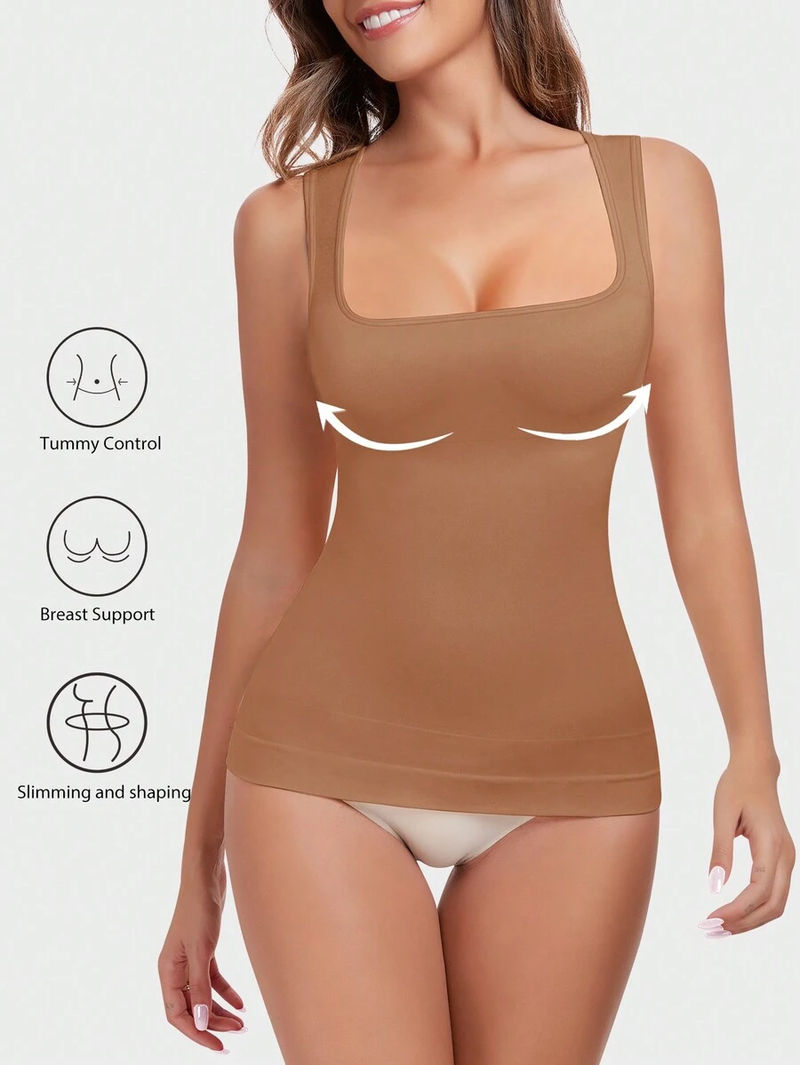 VVX Shapewear Tummy Control Tank Top Compression Tanks For Women Square Neck Seamless Body Shaper Summer Exercise Yoga Gym Shirts - 棕色 - 查看 1