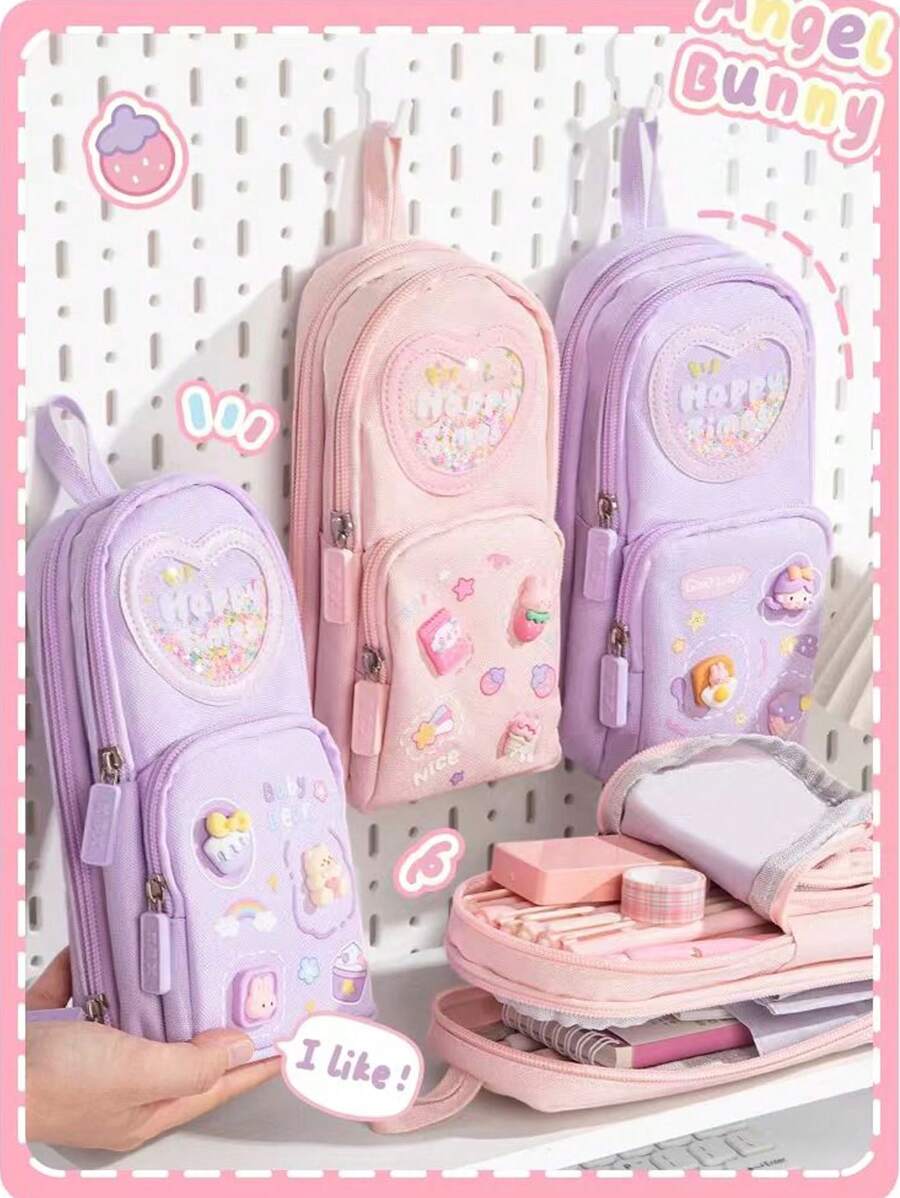 1 Mini mochila de un solo color con forma de estuche de lápices de gran capacidad, sencilla y resistente, estuche de lápices con 3 capas y 6 compartimentos con cremallera para niños y niñas, herramienta japonesa y coreana muy atractiva para oficina, estudio, organización, almacenamiento, bolsa de almacenamiento - Multicolor - Ver 1