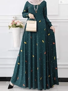 Bohemian Style Long Sleeve Round Neck Pleated Leaf Print A-Line Midi Dress