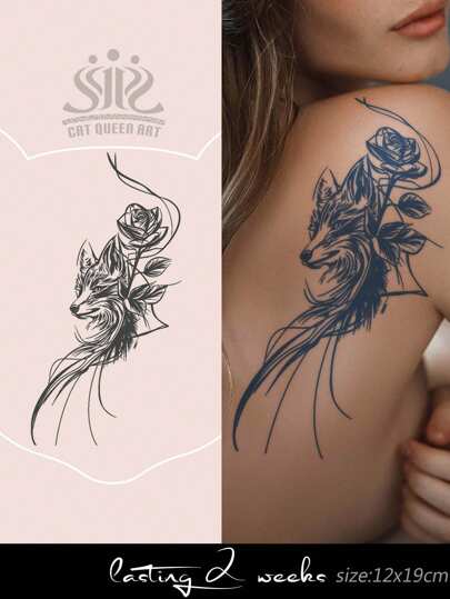 1pc Herbal Juice Semi-Permanent Magical Tattoo Sticker, Abstract Gentle Fox Rose Wolf Pattern, Music Festival Gift, 7-14 Days Waterproof, Suitable For Arm, Chest, Back, Body Temporary Tattoo