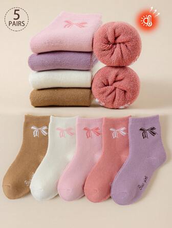 5 Pairs Girls' Wool Blend Mid-Calf Socks, White, Pink, Coffee, Purple Solid Color, Cartoon Letter, Bow Design, Autumn/Winter, Soft & Warm Thick, Simple Style, Cute & Fashionable, Versatile For Daily Wear