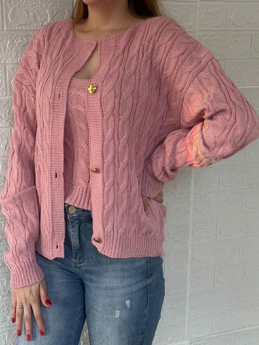 Winter Braided Coat And Tank Top - 3 Button Knit Twin Set - Knit Set - Baby Pink - View 1